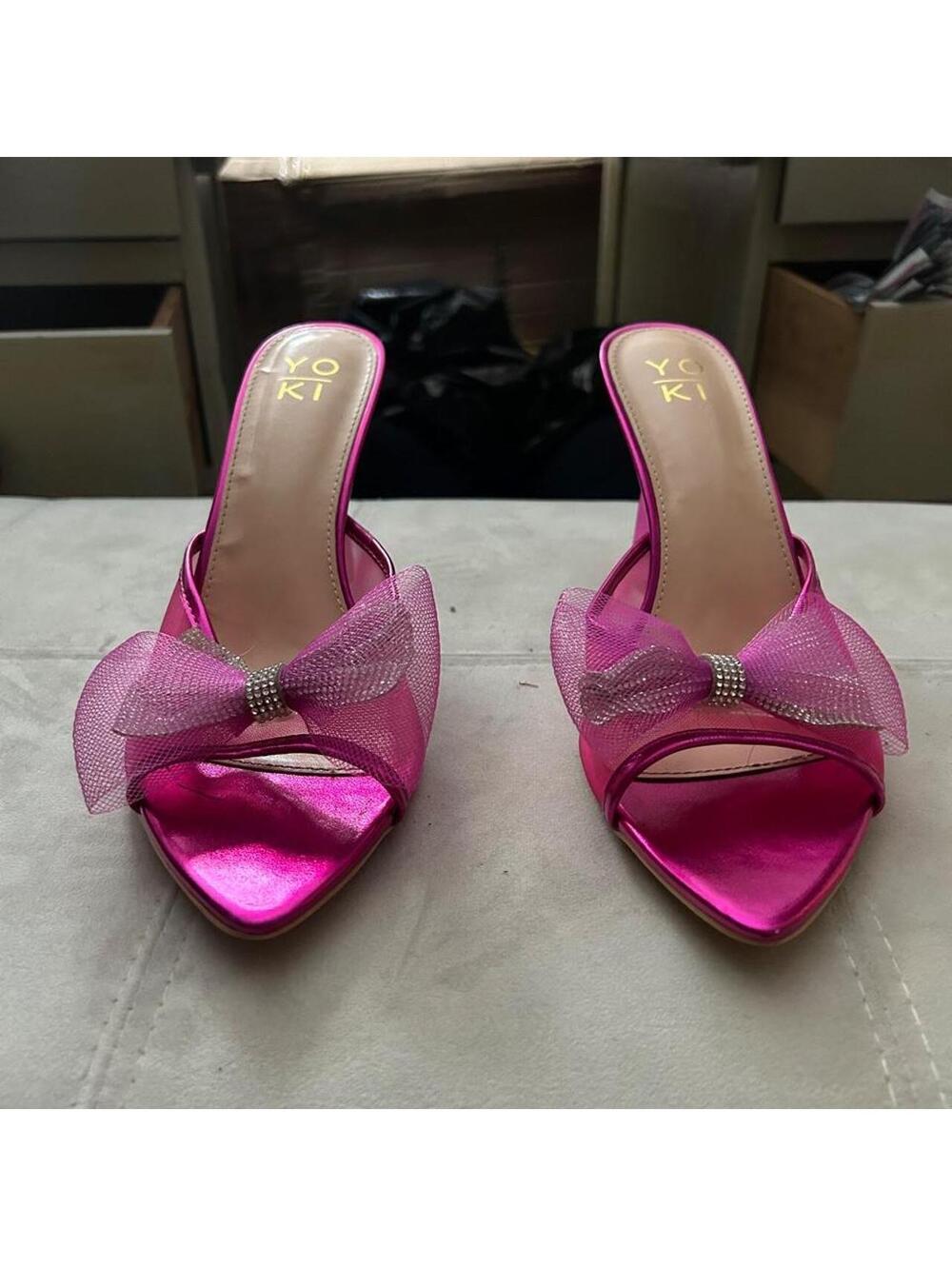 Yoki pink satin 4” heels with rhinestone bow detail size 11